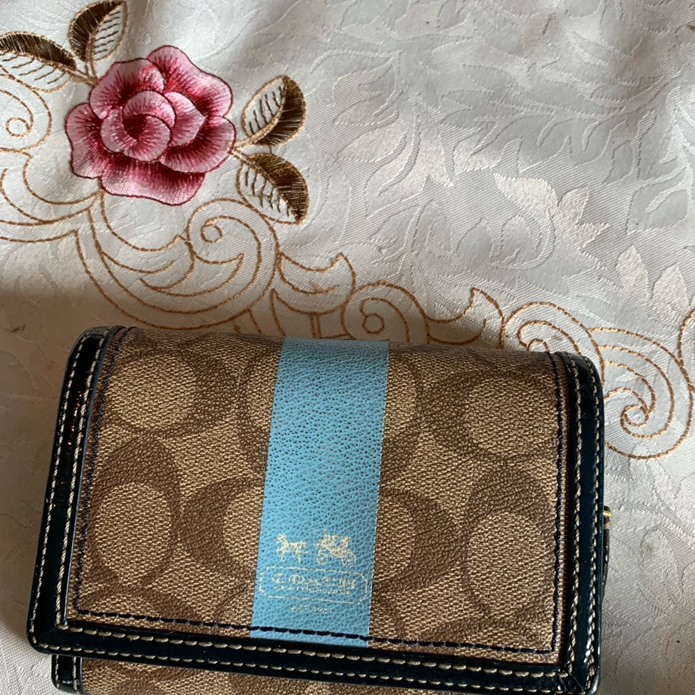 Coach Tan Wallet with Signature Monogram and Blue Stripe